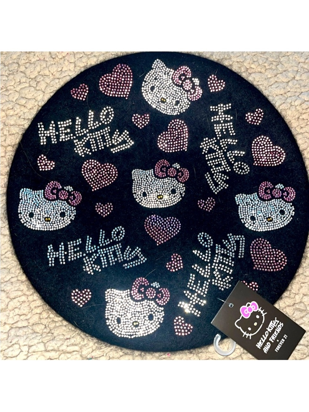 Hello Kitty Black Rhinestone Beret with Pink Accents